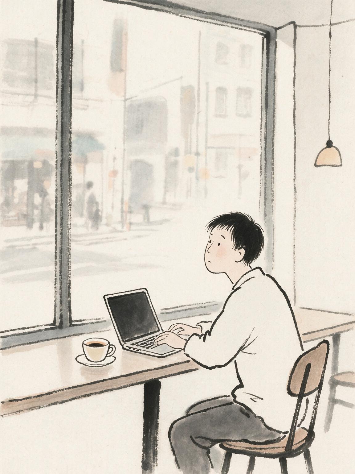 今天咖啡店里又多了一个假装上班的人——是我。
